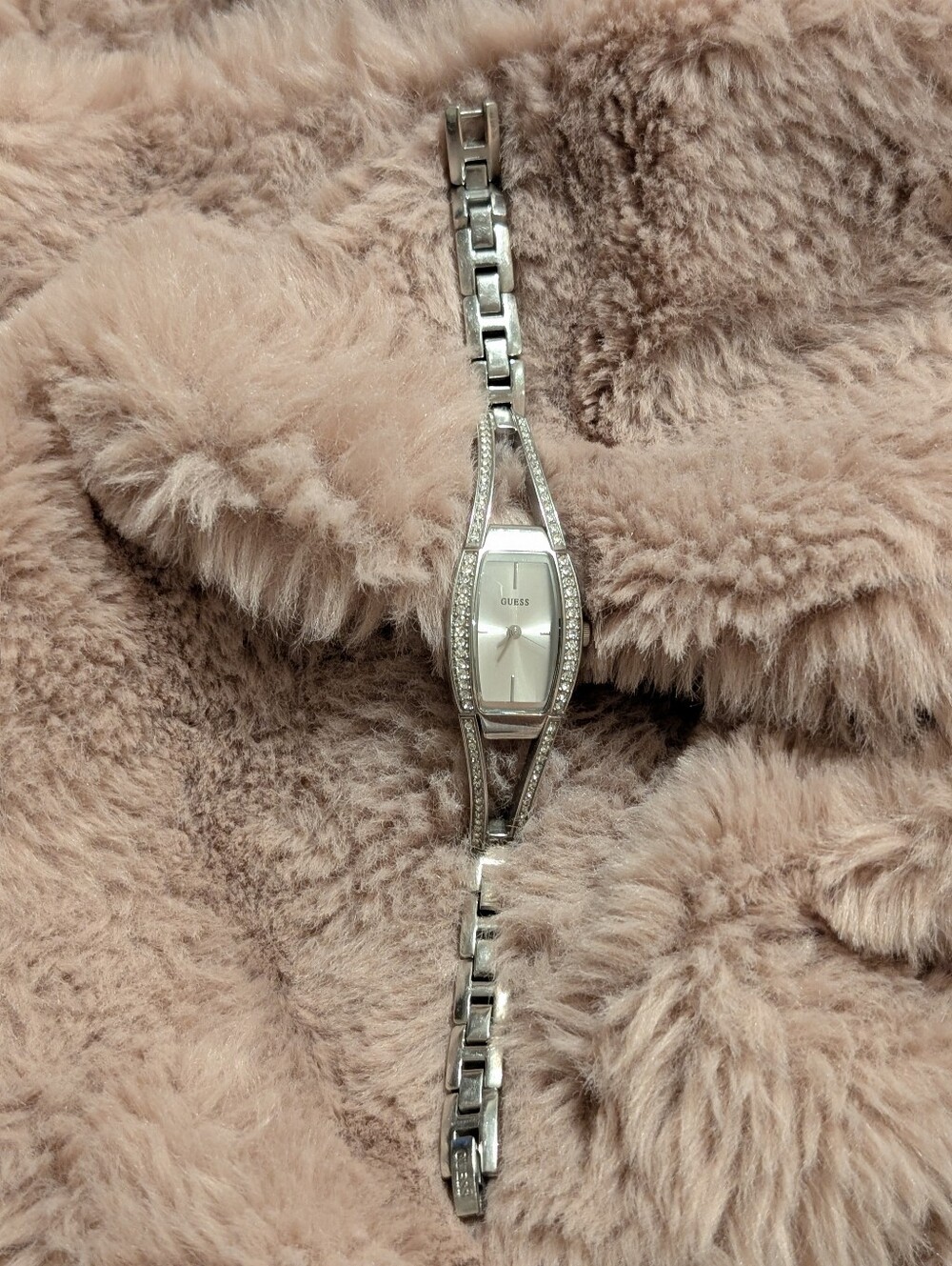 Vintage Guess Silver Tonneau Crystal-Trim Women's Bracelet Watch